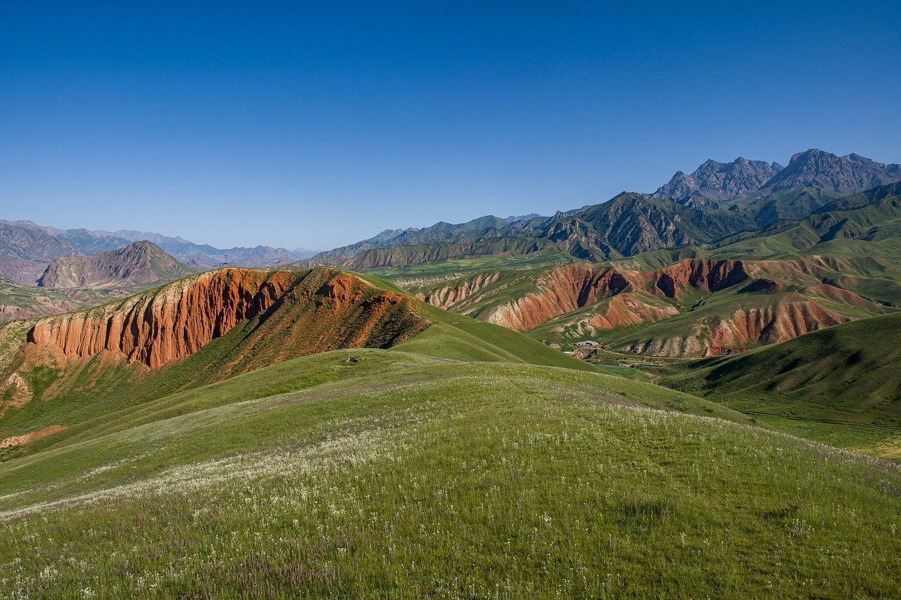 grassland, landscape, blue sky, green, landform, danxia